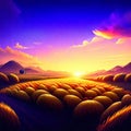 3D illustration of a sunset over a field covered with sheeps Generative AI Royalty Free Stock Photo