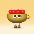 3d illustration, surprised cartoon yellow cup with red berries, clip art, colorful design