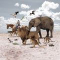 3D Illustration of surrealism showing a animal parade of lion and elephant headed by an man riding a horse