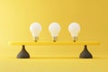 3D rendered illustration of three light bulbs on a seesaw-like structure, balancing yellow and white bulbs against a solid light Royalty Free Stock Photo