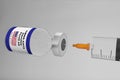 3D Illustration with a syringe and a container bottle with american vaccine mRNA-1273  in the treatment of coronavirus disease 201 Royalty Free Stock Photo