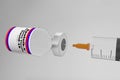 3D Illustration with a syringe and a container bottle with russian vaccine SPUTNIK-V in the treatment of coronavirus disease 2019