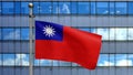 3D illustration Taiwanese flag waving in modern city. Tower with Taiwan banner