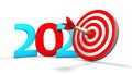 3D illustration of a target with a dart in the center and the date of 2020 New year. The idea of winning, hitting the calendar,