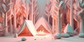 3D Illustration Tents In Forest And Bonfire At Night