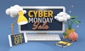 15% Fifteen percent off - Cyber monday sale 3D illustration in cartoon style.