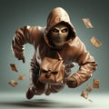 3D illustration of a thief stealing prey, a villain in motion with stolen goods. Royalty Free Stock Photo