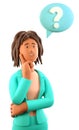 3D illustration of thinking african american woman looking at question mark in speech bubble. Cartoon pensive businesswoman Royalty Free Stock Photo