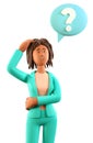 3D illustration of thinking african american woman scratching her head and looking at question mark in speech bubble.