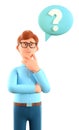 3D illustration of thinking man with question mark in speech bubble. Cartoon pensive businessman solving problems, feeling doubt