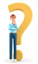 3D illustration of thinking man standing with a huge question mark. Cartoon pensive businessman solving problems