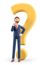 3D illustration of thinking man standing with a huge question mark. Cute cartoon pensive businessman solving problems