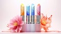 3d illustration of three colored Lipsticks with flowers Royalty Free Stock Photo