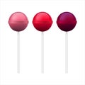 3D illustration. Three colorful Chupa Chups. Vector sweet. Royalty Free Stock Photo