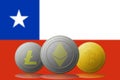 3D illustration Three cryptocurrencies Bitcoin Ethereum and Litecoin with Chile flag on background