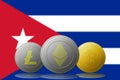 3D illustration Three cryptocurrencies Bitcoin Ethereum and Litecoin with Cuba flag on background