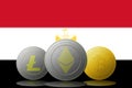 3D illustration Three cryptocurrencies Bitcoin Ethereum and Litecoin with Egypt flag on background