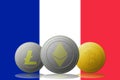 3D illustration Three cryptocurrencies Bitcoin Ethereum and Litecoin with FRANCE flag on background