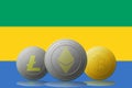 3D illustration Three cryptocurrencies Bitcoin Ethereum and Litecoin with Gabon flag on background