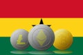 3D illustration Three cryptocurrencies Bitcoin Ethereum and Litecoin with Ghana flag on background