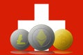 3D illustration Three cryptocurrencies Bitcoin Ethereum and Litecoin with Switzerland flag on background