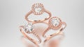 3D illustration three different rose gold diamonds rings with re