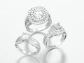 3D illustration three different silver decorative diamond rings