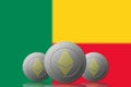 3D ILLUSTRATION Three ETHEREUM cryptocurrency with Benin flag on background