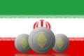 3D ILLUSTRATION Three ETHEREUM cryptocurrency with Iran flag on background