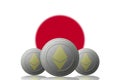 3D ILLUSTRATION Three ETHEREUM cryptocurrency with Japan flag on background