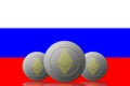 3D ILLUSTRATION Three ETHEREUM cryptocurrency with Russia flag on background
