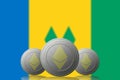 3D ILLUSTRATION Three ETHEREUM cryptocurrency with Saint Vincent and the Grenadines flag on background