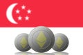 3D ILLUSTRATION Three ETHEREUM cryptocurrency with Singapore flag on background