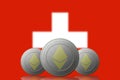 3D ILLUSTRATION Three ETHEREUM cryptocurrency with Switzerland flag on background