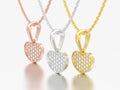 3D illustration three jewelry red rose yellow white gold or silver diamond heart necklaces on chain Royalty Free Stock Photo