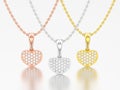 3D illustration three jewelry red rose yellow white gold or silver diamond heart necklaces on chain Royalty Free Stock Photo