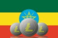 3D ILLUSTRATION Three LITECOIN cryptocurrency with Ethiopia flag on background