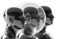 3D illustration. Three metal mannequins and one of them in a security bubble. Royalty Free Stock Photo