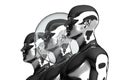 3D illustration. Three metal mannequins and one of them in a security bubble. Royalty Free Stock Photo