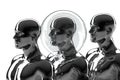3D illustration. Three metal mannequins and one of them in a security bubble. Royalty Free Stock Photo