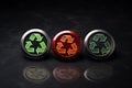 3d illustration of three metal recycling buttons over black background with reflection, A recycling sign with a green button that Royalty Free Stock Photo