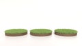 3D Illustration of three rounds green grass, soil ground, turf. Grass circle. Realistic 3D rendering .