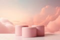 3D illustration three podium for display or show cosmetics with background of beautiful sky pastel pink tones.