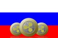 3D ILLUSTRATION Three RIPPLE cryptocurrency with Russia flag on background