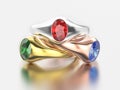 3D illustration three white yellow pink gold rings with red blue Royalty Free Stock Photo