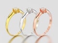 3D illustration three yellow, rose and white gold or silver engagement solitaire double prong basket diamond rings Royalty Free Stock Photo