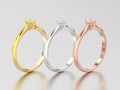 3D illustration three yellow, rose and white gold or silver trad