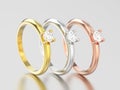 3D illustration three yellow, rose and white gold or silver trad