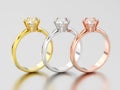 3D illustration three yellow, rose and white gold or silver trad