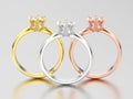 3D illustration three yellow, rose and white gold or silver trad